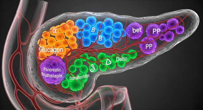 Detailed medical illustration of human pancreas with various cell types identified.