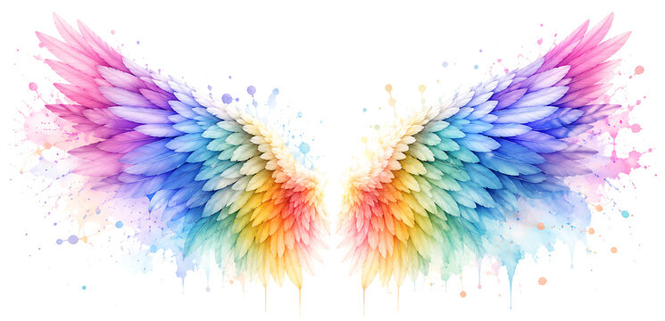 Colorful watercolor angel wings illustration isolated on white background