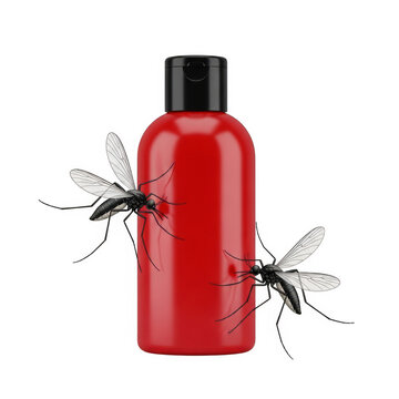 Red insecticide spray bottle with mosquito illustration