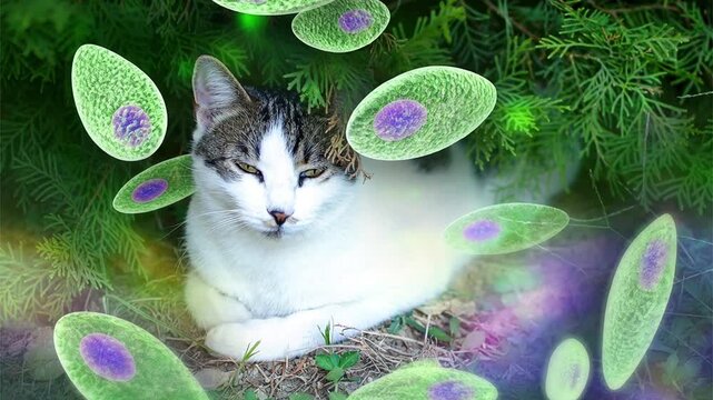 Domestic cat surrounded by Toxoplasma gondii tachyzoites, 3D animation illustrating the feline definitive host and life cycle transmission of toxoplasmosis.