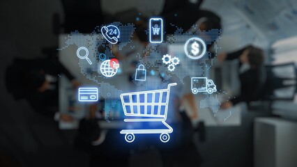Digital marketing and online shopping collaboration with global connectivity and diverse icons representing e-commerce, communication, transaction, and technology trends. Entropy. © InfiniteFlow