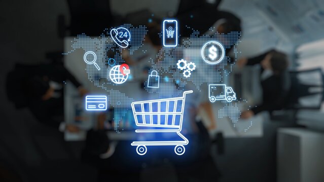 Digital marketing and online shopping collaboration with global connectivity and diverse icons representing e-commerce, communication, transaction, and technology trends. Entropy.