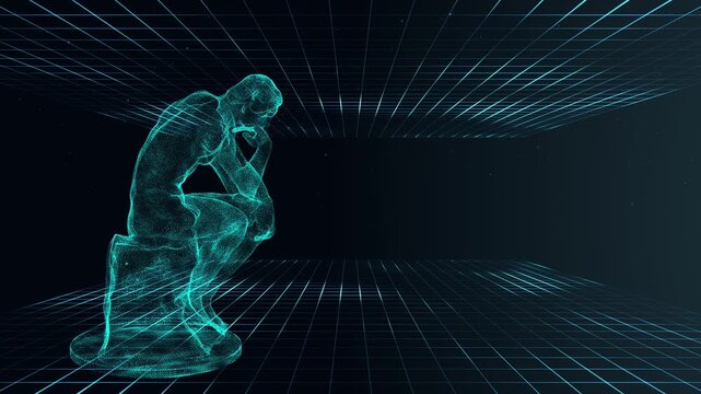 Futuristic digital thinker statue in cyber space. 3D wireframe particle model of philosopher sculpture on glowing grid background.