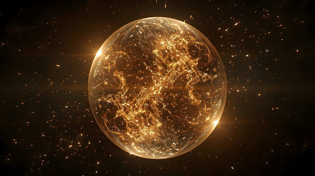 A luminous golden sphere with intricate glowing patterns resembling a cosmic brain or energy core, set against a dark starry background.