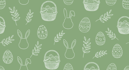 Easter seamless pattern with hand drawn basket eggs rabbit ears and branches on green background for seasonal holiday gift wrap or textile print design.