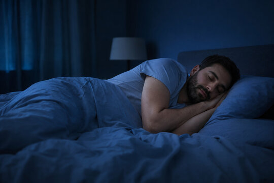 Man Sleeping Peacefully: A man rests soundly in a dark bedroom, nestled under blue comforters, with a soft lamp illuminating the quiet space. Evokes a sense of calm and rest.