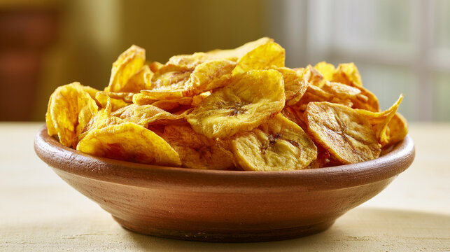 Bowl of crispy fried banana chips or plantain chips