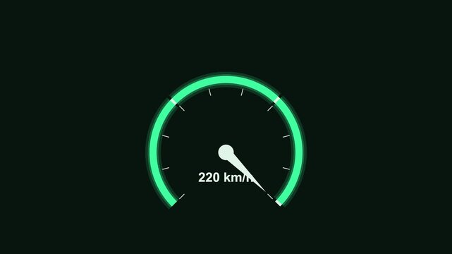 animated speedometer dial with a needle sweeping up, neon green color scheme