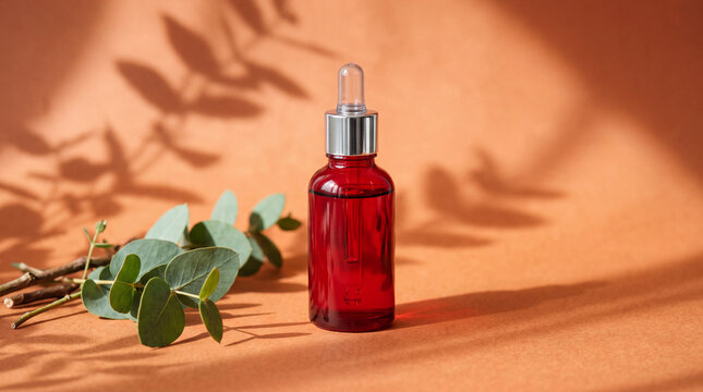 Macro photo of red glass dropper bottle, silver cap texture, serum drop, orange background, crisp detail, eucalyptus shadow overlay, natural lighting, high resolution, beauty skincare product shot