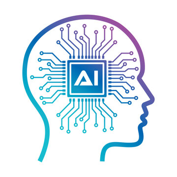 Artificial intelligence circular circuit vector icon with spreading nodes microchip and human head profile for futuristic technology concept