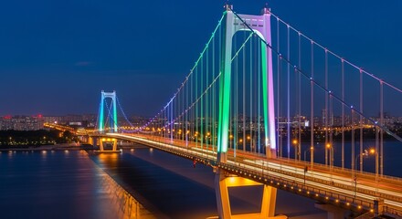 Fototapeta premium Bridge structure glows with vibrant neon lights above dark reflective water during a serene twilight blue hour.