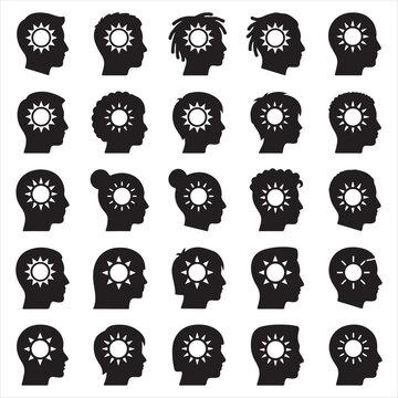 Set of positive mind and bright ideas icons with positive happiness psychology inspiration thinking optimism creativity intelligence wellbeing headspace internal collection illustration