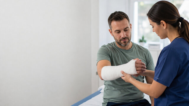 Medical Worker Supporting Patient with Bandaged Arm Injury