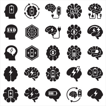 Brain energy and mental power icon set: symbols of thought efficiency recharge cognitive performance with recharge thinking cognition performance efficiency intelligence electricity capacity