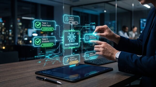 Business person interacting with futuristic hologram workflow automation interface in office