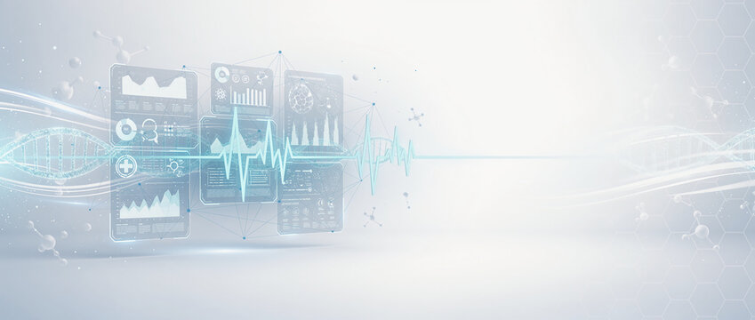 Futuristic medical technology background with digital health monitors, EKG heartbeat line, and data charts in light blue tones