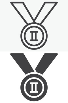 Second place medal icon set with roman numeral two in line, outline and solid different style. Editable stroke vector sign and symbol. Second place medal icon duo.