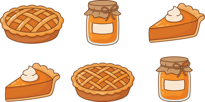 Autumn pumpkin pie set with whole lattice pies pie slices with whipped cream and honey jars vector illustration