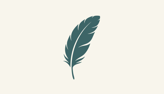 Elegant dark teal feather icon isolated on a cream colored background representing softness, writing, and lightweight nature.