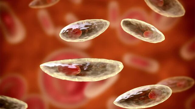 Toxoplasma gondii tachyzoites, 3D animation of crescent-shaped intracellular protozoan parasites with apical complex, causative agent of toxoplasmosis in humans and animals.