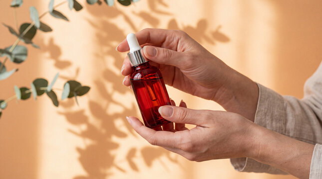 Woman hands holding red glass dropper bottle with silver lid, orange background, natural daylight, eucalyptus shadows, aesthetic manicure, faceless beauty shot, organic skincare concept, clean lines