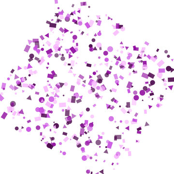 Abstract purple geometric confetti explosion with circles triangles and squares isolated on transparent background