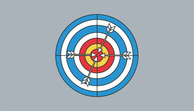 Target board with four arrows hitting the center bullseye showcasing accurate shooting and business goal success.