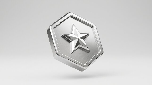 3D Silver Hexagon Badge with Star Symbol on Clean White Background for Award Concept