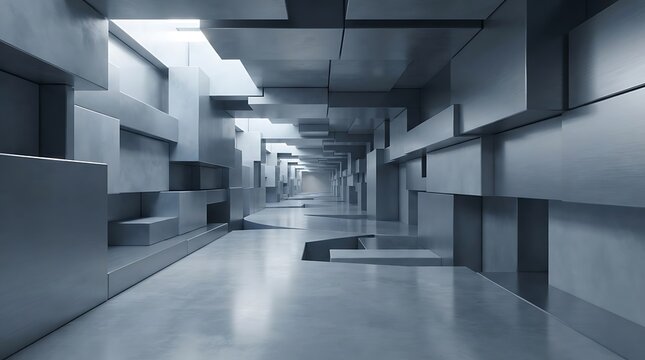 Minimalist modern hallway with geometric architectural design. Futuristic interior space featuring clean lines and industrial lighting.