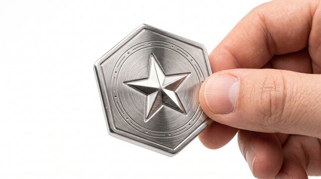Hand holding metallic silver hexagonal star token badge representing success achievement quality award isolated on white background
