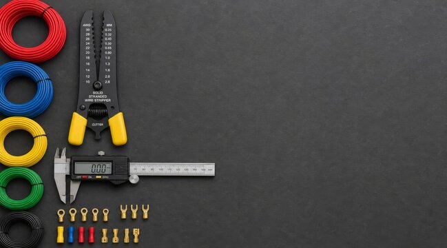 Wire stripping gauge flat lay on workbench