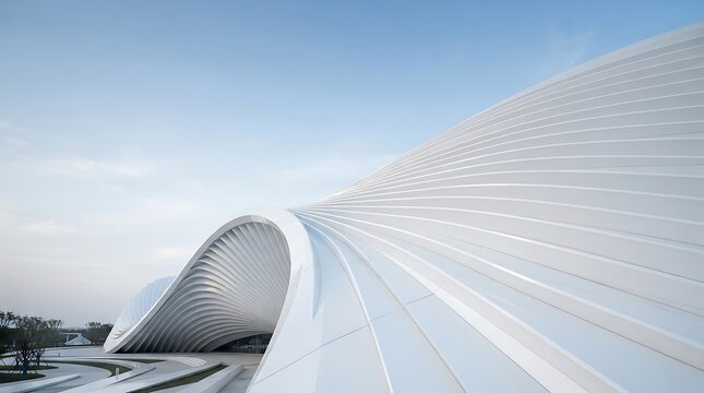Modern architectural marvel with futuristic design. Snow-covered geometric structure in stunning winter landscape.
