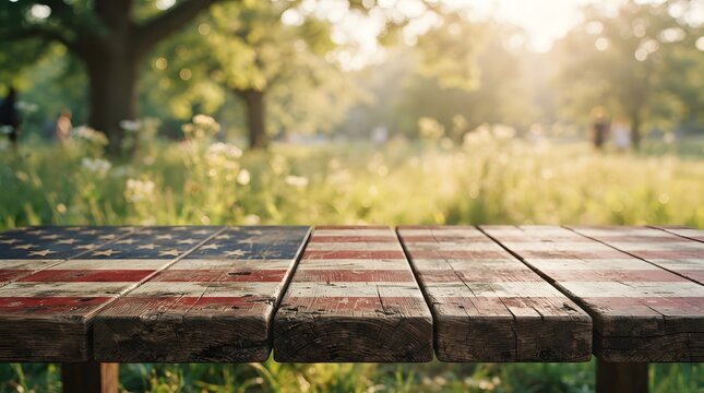 Rustic american flag painted wooden table for a beautiful happy labor day background scene