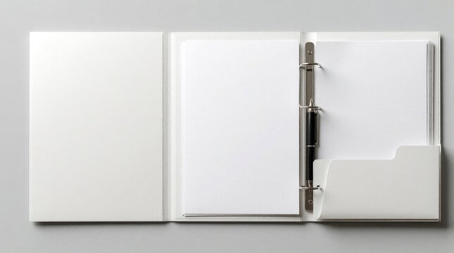 Open white file folder with blank papers on grey background. Clean ring binder with empty sheets for notes. Minimalist desk supply for corporate organization. Top view of stationery set for business