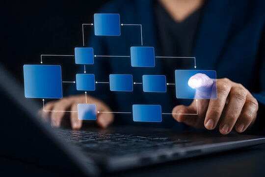 Digital technology concept of business process and workflow automation with flowchart, processing management, and corporate hierarchy scheme for organizational control and efficiency.