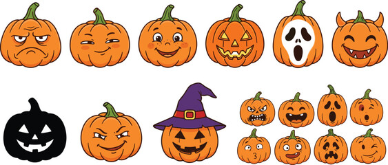 Obraz premium Halloween orange pumpkins vector set with funny cartoon facial expressions witch hat devil horns and ghost mask