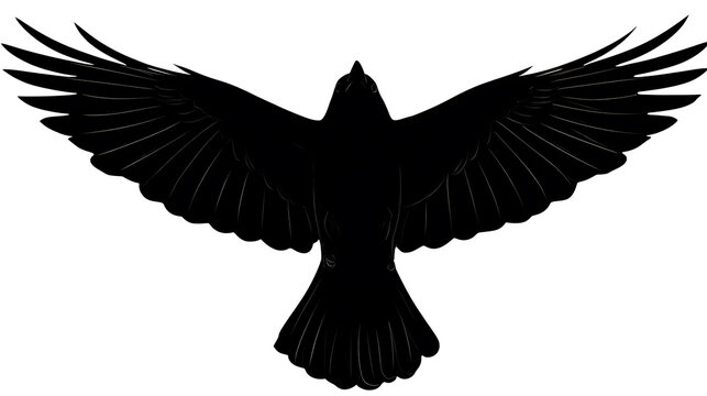 A silhouette of a black crow with its wings spread wide, seen from above
