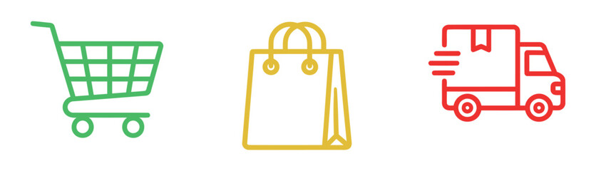 Set of colorful line art icons representing online shopping cart shopping bag and fast delivery truck service © Designer Nazmul