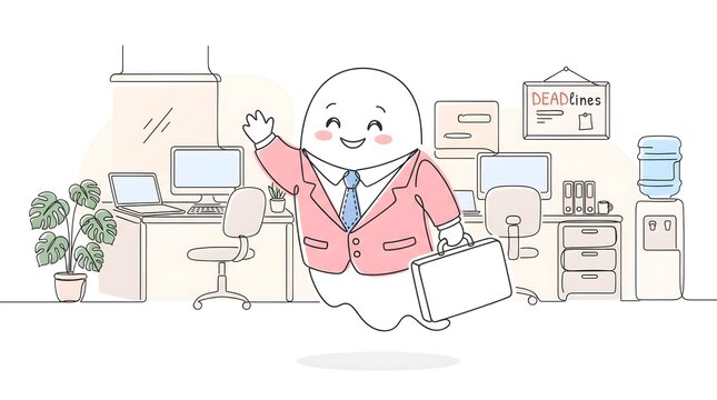 Cute Cartoon Ghost in Business Suit Holding Blank Briefcase, Halloween Office Humor Line Clipart