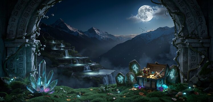 Fantasy landscape with ancient stone arch, glowing crystals, treasure chest, tiered waterfalls, and full moon over mountains