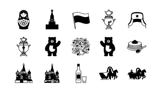 Russian culture icon set vector collection with traditional national symbols