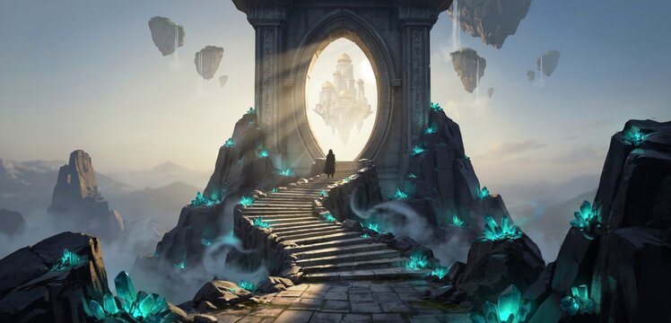 Fantasy stone portal on mountain peak with glowing crystals, winding stairs, and doorway to floating sky castle