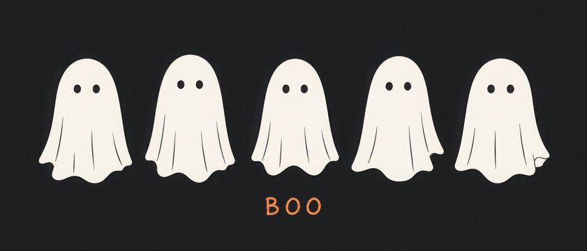 Set of cloth Ghosts. Flying Phantoms. Halloween scary ghostly monsters. Cute cartoon spooky characters. Holiday Silhouettes. Hand drawn trendy Vector illustration. All elements are isolated