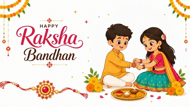 Happy Raksha Bandhan greeting banner with cute Indian sister tying rakhi on brother wrist, pooja thali, large rakhi, and floral decor, cartoon vector illustration.