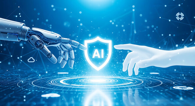 Robot and human hands reaching towards A I shield on digital network artificial