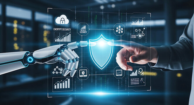 Robot arm and human hand interact with glowing digital security shield interface