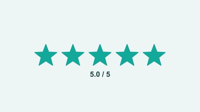 animated five star rating filling up with a score, teal color scheme