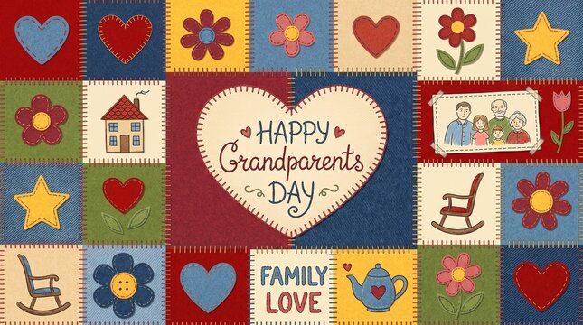 Happy Grandparents Day Handmade Quilt Pattern Vector Greeting Card