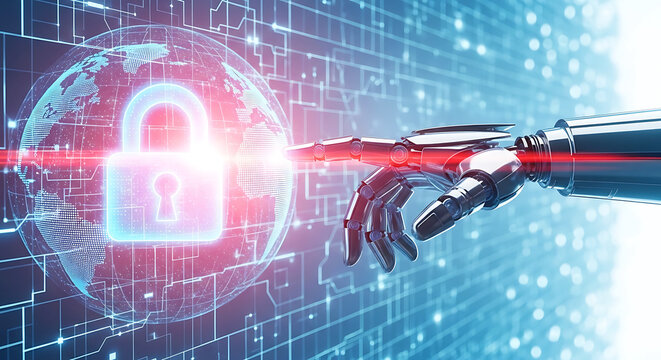 Robot hand touching glowing padlock on digital globe with circuit board background