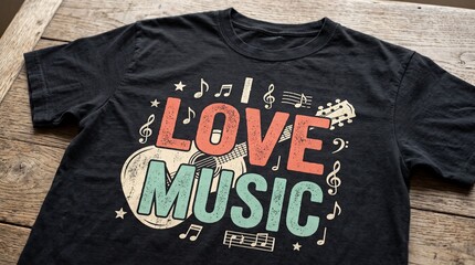 Black t-shirt with love music text on grass © Nazrul